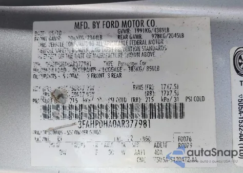 2010 Ford Fusion Se z USA, uszkodzony, nr VIN 3FAHP0HA0AR377981